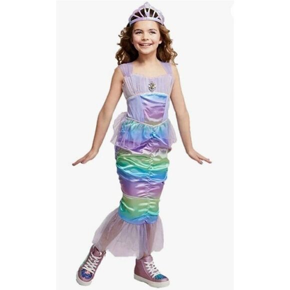Girls Costume Mermaid Iridescent Rainbow Mermaid Costume Satin Mesh Large NWT - Picture 1 of 7